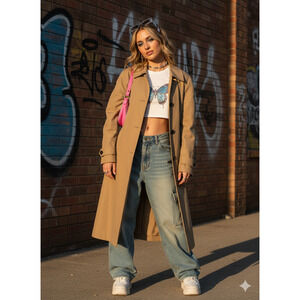 Excellent Condition H&M Women Long Button Down Trench Coat Size Medium Beige